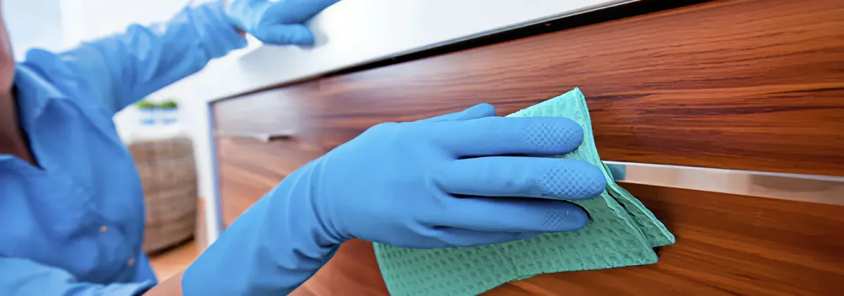 Cleaner wearing blue gloves wiping a wooden cabinet drawer with a microfiber cloth for dust and grime removal, Tampa, FL.