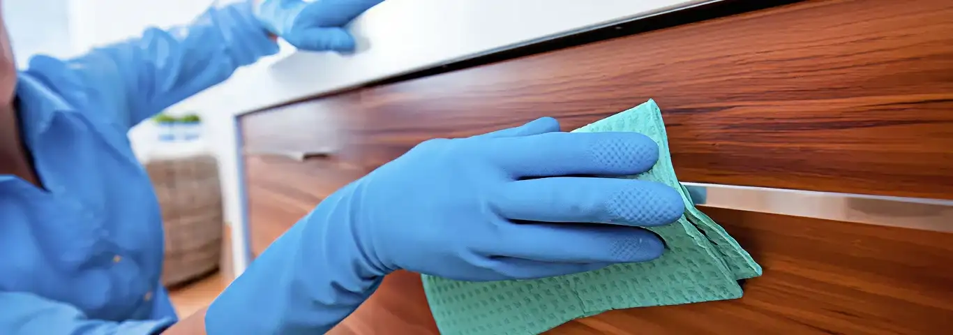 Cleaner wearing blue gloves wiping a wooden cabinet drawer with a microfiber cloth for dust and grime removal, Tampa, FL.