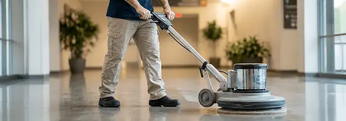 Professional technician using an industrial floor buffer to polish and maintain shiny commercial flooring in a corporate hallway in Tampa, FL.