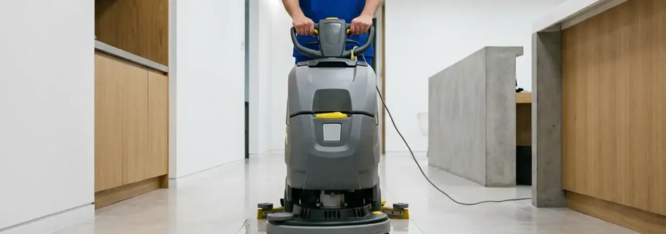 Janitorial staff using a floor scrubber machine to clean a commercial hallway, Tampa, FL.