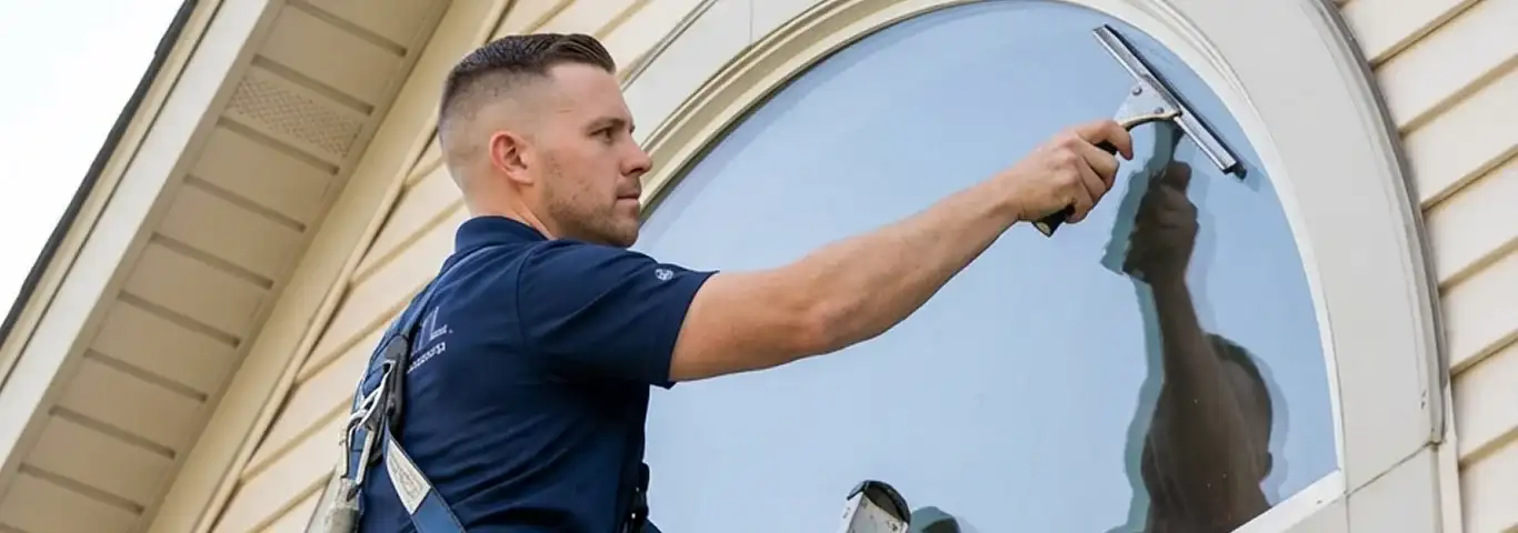 Professional window cleaner using a squeegee to clean an exterior arched window on a home, Tampa, FL.