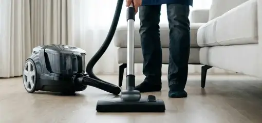 Professional house cleaner vacuuming a living room floor with a canister vacuum cleaner, Tampa, FL.