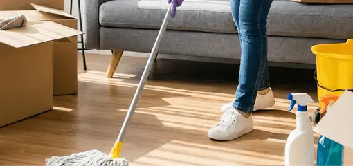 Move-out cleaning setup with a cleaner mopping hardwood floors near moving boxes and cleaning supplies, Tampa, FL.