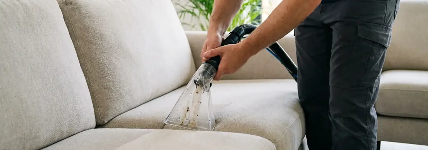 Technician extracting dirt and moisture from a fabric sofa with an upholstery cleaning wand, Tampa, FL.
