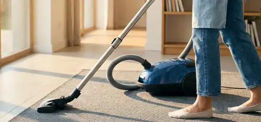 Person vacuuming a living room rug with a canister vacuum cleaner near large windows, Tampa, FL.